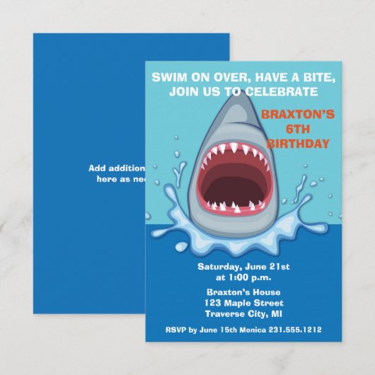 Uitnodigingen van Shark Birthday Party (Voorkant / Achterkant)