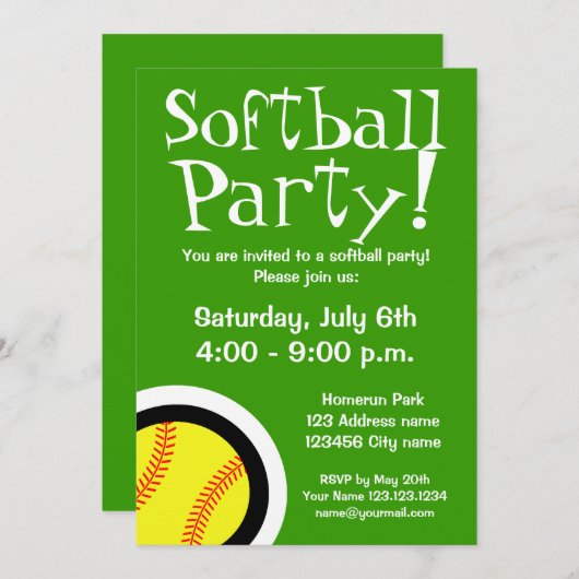 Uitnodigingen van Softball-partijen voor Birthdays (Voorkant / Achterkant)