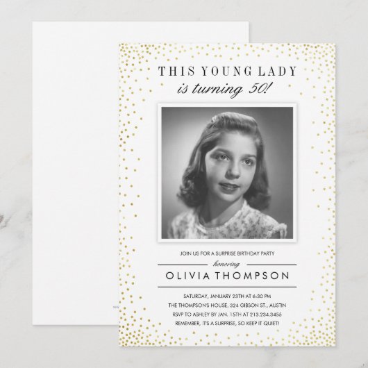 Uitnodigingen van Sparkle Old Photo Surprise Party (Voorkant / Achterkant)