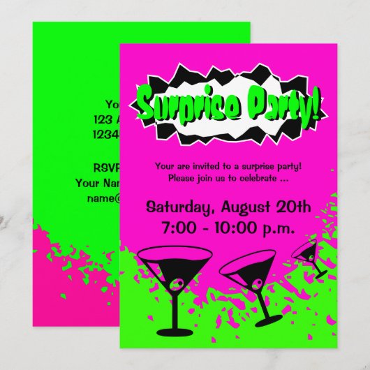 Uitnodigingen van Surprise Birthday | Neonkleuren (Voorkant / Achterkant)