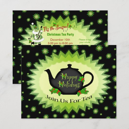 Uitnodigingen van Teapot en Holly Chrisrmas Tea Pa (Voorkant / Achterkant)