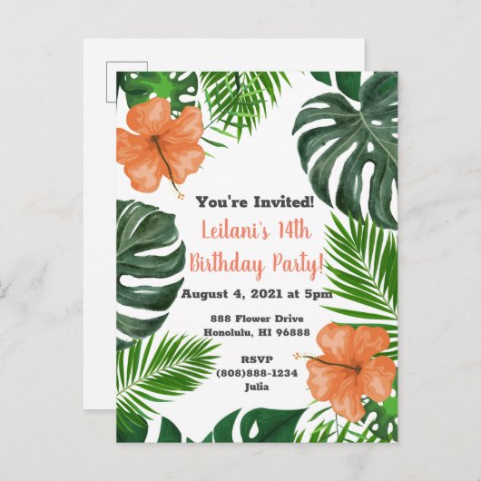 Uitnodigingen van Tropische Leaf en Hibiscus Party (Voorkant / Achterkant)