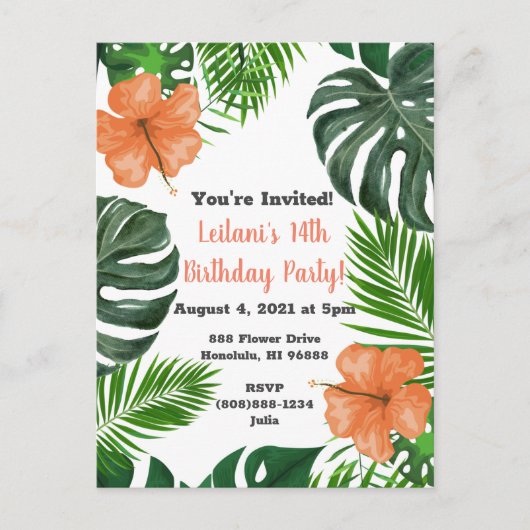 Uitnodigingen van Tropische Leaf en Hibiscus Party (Voorkant)