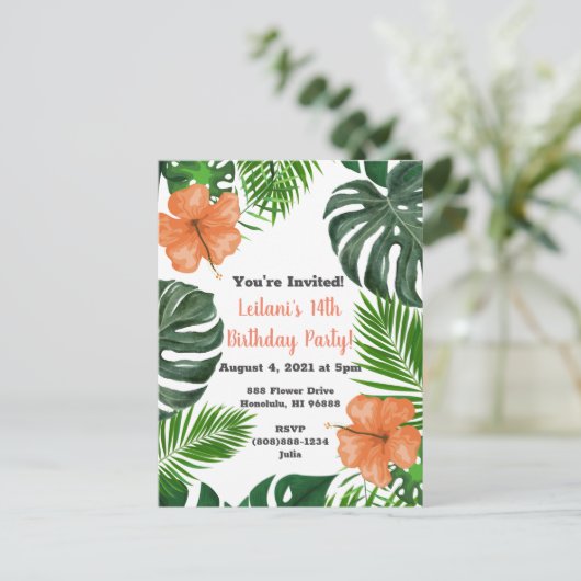 Uitnodigingen van Tropische Leaf en Hibiscus Party (Staand voorkant)