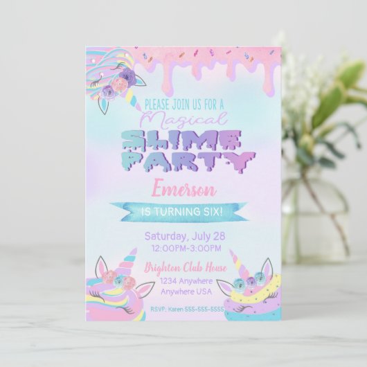 Uitnodigingen van Unicorn Slime Birthday Party (Staand voorkant)