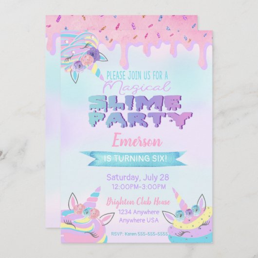Uitnodigingen van Unicorn Slime Birthday Party (Voorkant / Achterkant)
