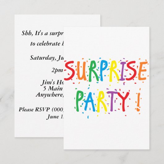 Uitnodigingen van "verrassende partij" (Voorkant / Achterkant)