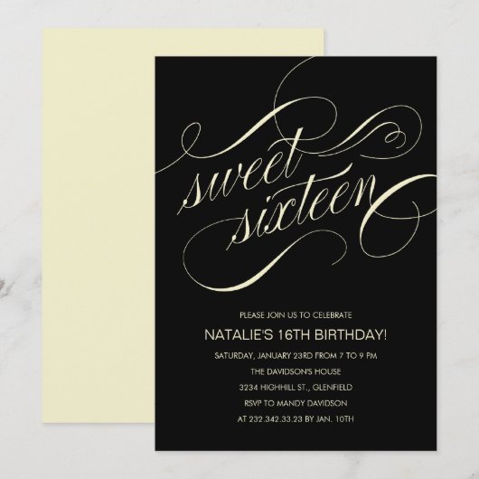 Uitnodigingen van zwarte en beige zweet zestien pa (Voorkant / Achterkant)