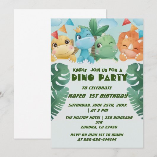 Uitnodigingen Verjaardag 1e gepersonaliseerde dino (Voorkant / Achterkant)