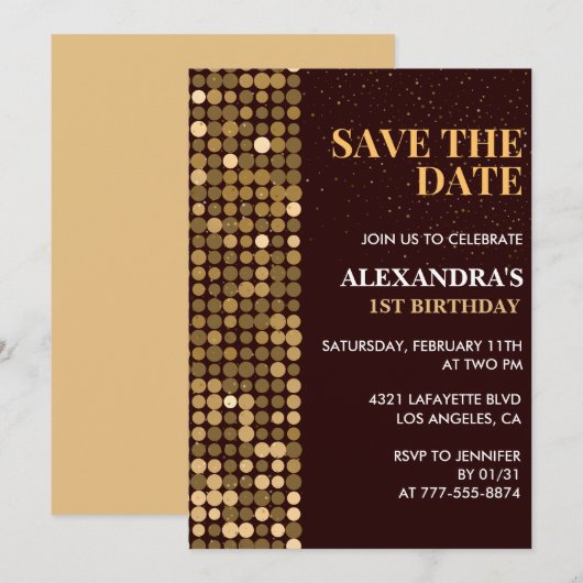 Uitnodigingen voor 1e verjaardag Save the date Gou (Voorkant / Achterkant)