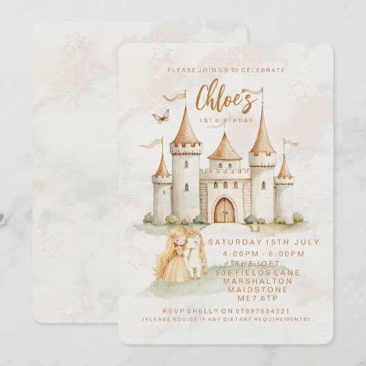 🏰✨ Uitnodigingen voor 1e verjaardagsfeestje van d (Voorkant / Achterkant)