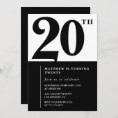 Uitnodigingen voor 20e verjaardag Zwart en Wit Ele (Voorkant / Achterkant)