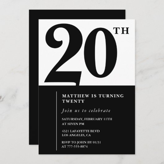 Uitnodigingen voor 20e verjaardag Zwart en Wit Ele (Voorkant / Achterkant)