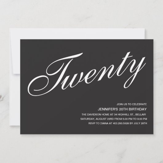 Uitnodigingen voor 20e verjaardag zwart-wit (Voorkant)