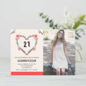 uitnodigingen voor 21e verjaardag bloemhart (Staand voorkant)