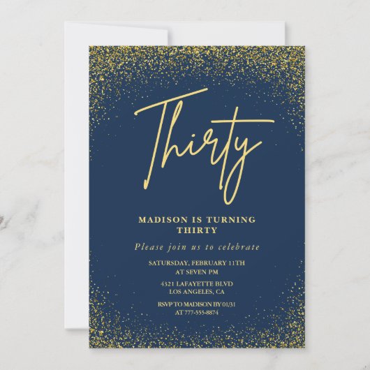Uitnodigingen voor 30e verjaardag Goud Navy Glitte (Voorkant)
