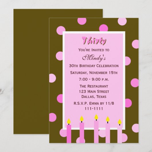Uitnodigingen voor 30e verjaardagsfeestje — roze s (Voorkant / Achterkant)