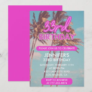 Uitnodigingen voor 33e verjaardag roze neon gloed