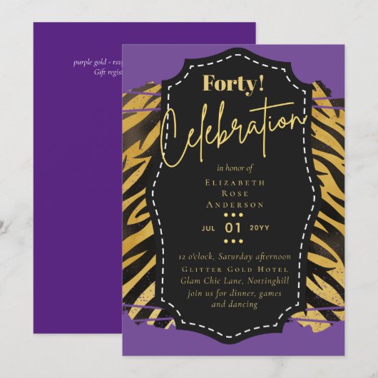 Uitnodigingen voor 40e verjaardagsfeest Glitters G (Voorkant / Achterkant)