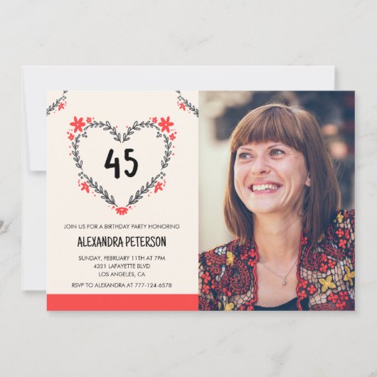 Uitnodigingen voor 45e verjaardag bloemhart (Voorkant)