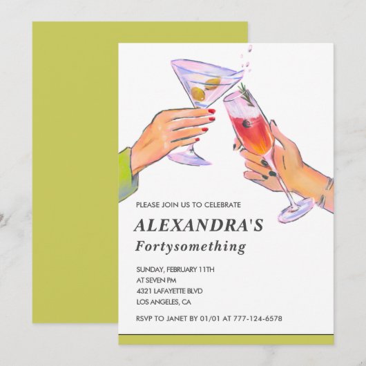 Uitnodigingen voor 45e verjaardag Cocktail Fun Fee (Voorkant / Achterkant)