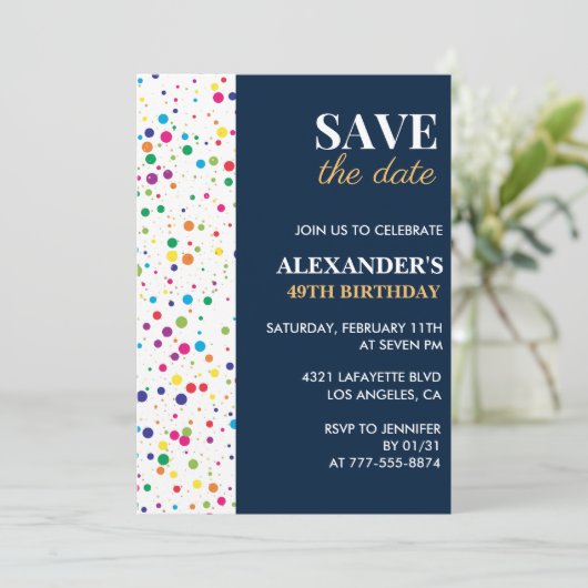 Uitnodigingen voor 49e verjaardag Confetti Save th (Staand voorkant)