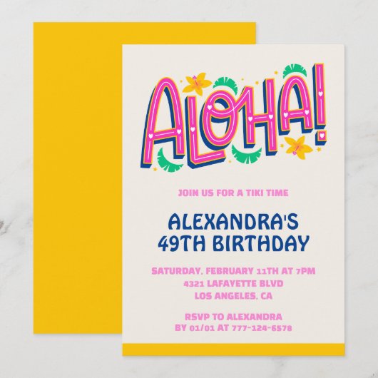 Uitnodigingen voor 49e verjaardag Tropische Aloha (Voorkant / Achterkant)