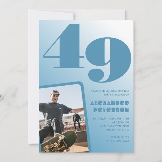 Uitnodigingen voor 49ste verjaardag met blauwe gra (Voorkant)