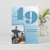 Uitnodigingen voor 49ste verjaardag met blauwe gra (Staand voorkant)