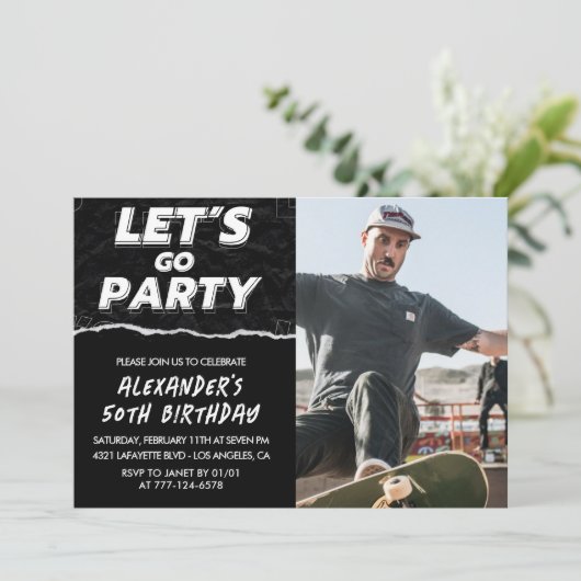 Uitnodigingen voor 50ste verjaardag Mannen Zwart F (Staand voorkant)