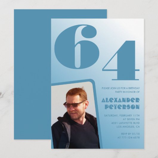Uitnodigingen voor 64ste verjaardag met blauwe man (Voorkant / Achterkant)