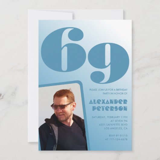 Uitnodigingen voor 69ste verjaardag met blauwe gra (Voorkant)