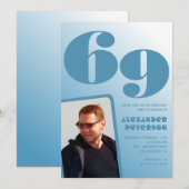 Uitnodigingen voor 69ste verjaardag met blauwe gra (Voorkant / Achterkant)