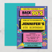Uitnodigingen voor 6de verjaardagsfeestje 90s them (Voorkant / Achterkant)