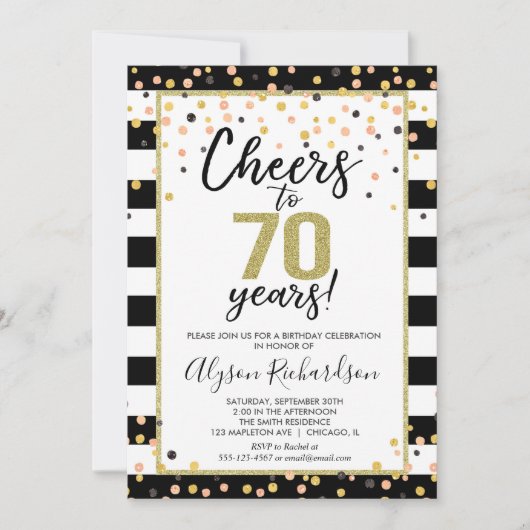 Uitnodigingen voor 70e verjaardag, zwart en goud (Voorkant)