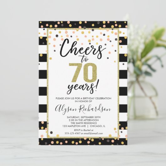 Uitnodigingen voor 70e verjaardag, zwart en goud (Staand voorkant)
