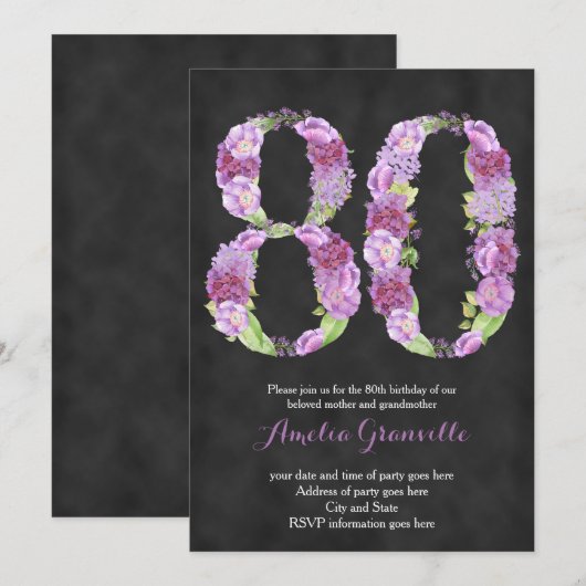 uitnodigingen voor 80ste verjaardag vrouw, lila ui (Voorkant / Achterkant)