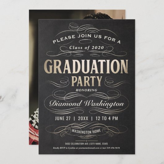 Uitnodigingen voor afstudeerfeest Scrollwork Gold (Voorkant / Achterkant)