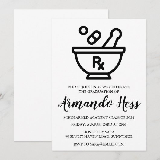 Uitnodigingen voor afstuderen in de apotheek (Voorkant / Achterkant)