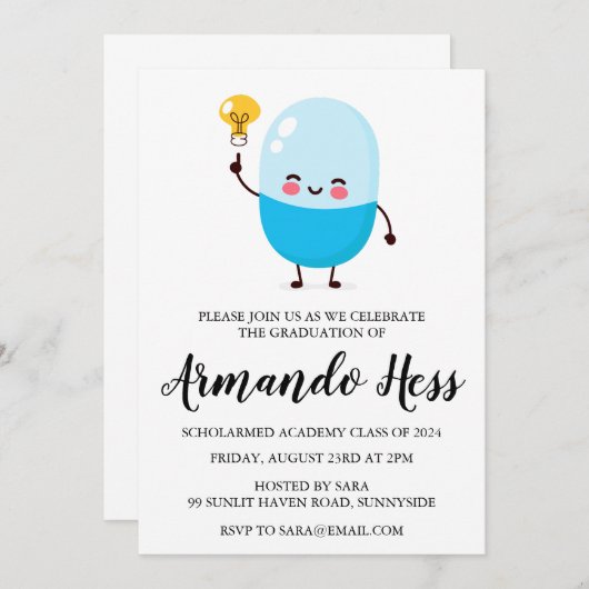 Uitnodigingen voor afstuderen in de apotheek (Voorkant / Achterkant)