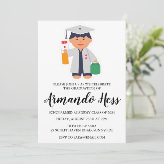 Uitnodigingen voor afstuderen in de apotheek (Staand voorkant)