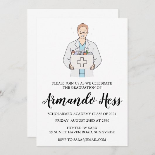 Uitnodigingen voor afstuderen in de apotheek (Voorkant / Achterkant)