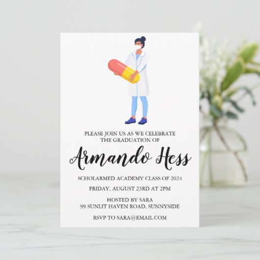 Uitnodigingen voor afstuderen in de apotheek (Staand voorkant)