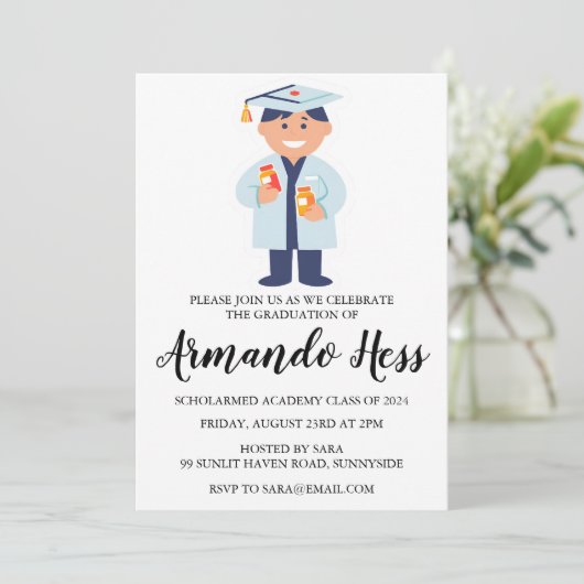 Uitnodigingen voor afstuderen in de apotheek (Staand voorkant)