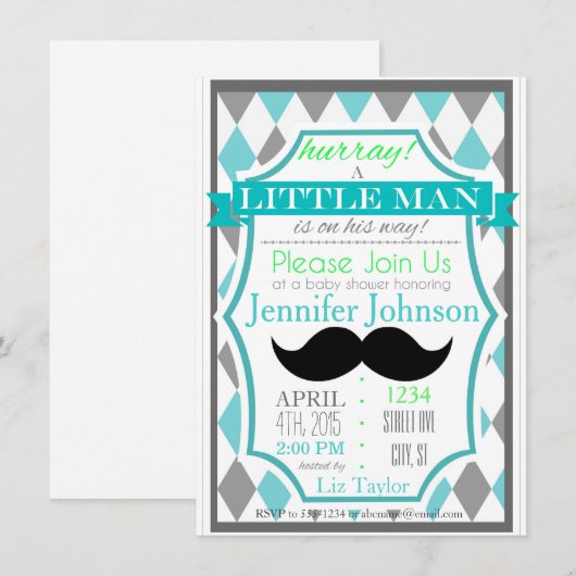 Uitnodigingen voor baby shower met snorbaardje (Voorkant / Achterkant)