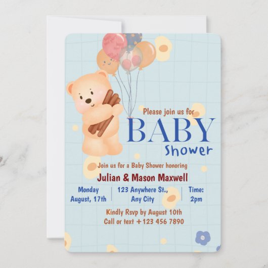 Uitnodigingen voor babydouches - Beige en blauw Sc (Voorkant)