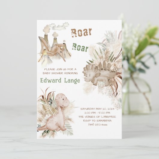 Uitnodigingen voor babyfeest Dinosaur Boy (Staand voorkant)