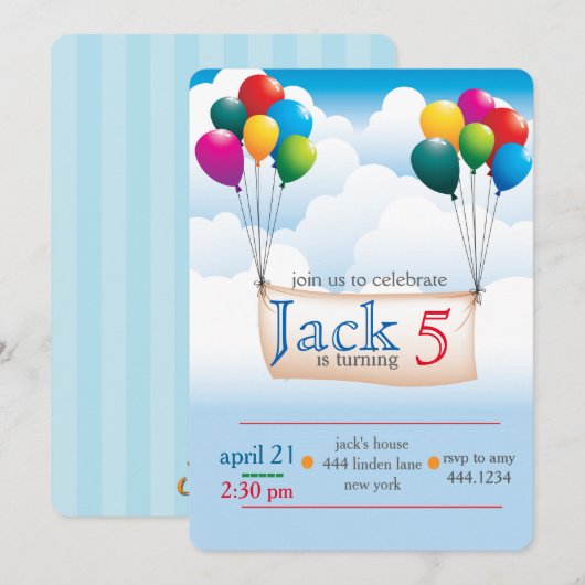 Uitnodigingen voor Balloon Sky Birthday Party (Voorkant / Achterkant)