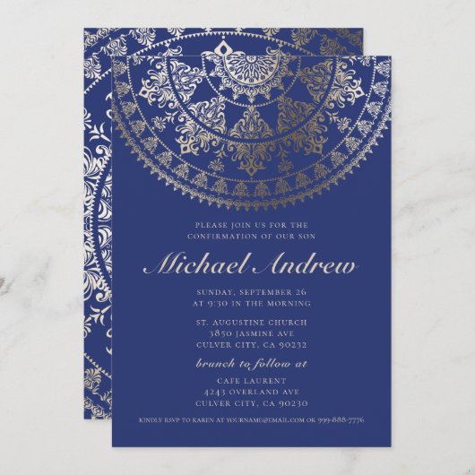 Uitnodigingen voor bevestiging | Gold Foil Mandala (Voorkant / Achterkant)