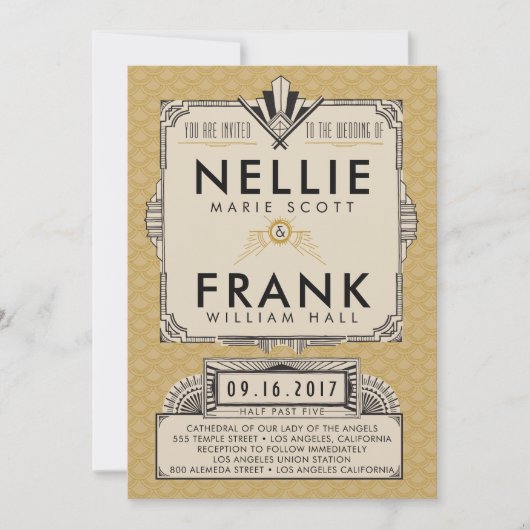 Uitnodigingen voor Black and Gold Great Gatsby Wed (Voorkant)